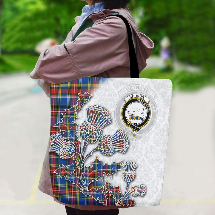 Scottish Bethune Clan Tartan Canvas Bag With Shoulder Straps - Thistle Flowers Style Tartan Plaid 2