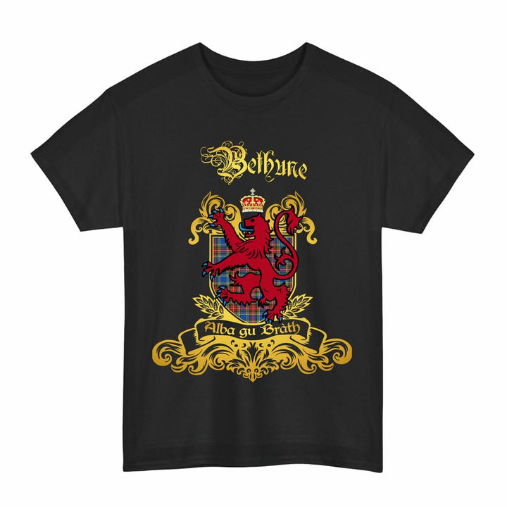 Scottish Bethune Clan Tartan Lion Rampant of Scotland T-Shirt Tartan Plaid Black Color