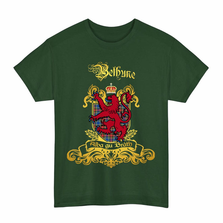 Scottish Bethune Clan Tartan Lion Rampant of Scotland T-Shirt Tartan Plaid Forest Green Color