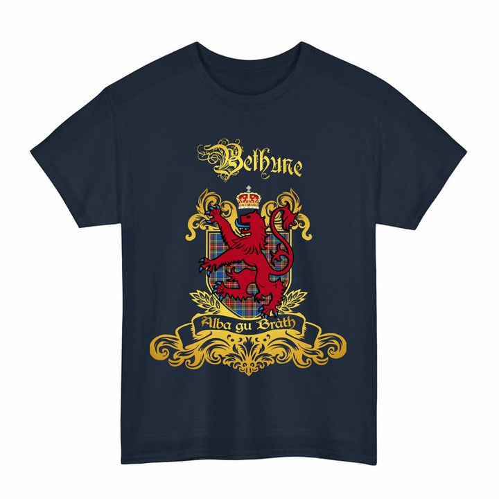 Scottish Bethune Clan Tartan Lion Rampant of Scotland T-Shirt Tartan Plaid Navy Color