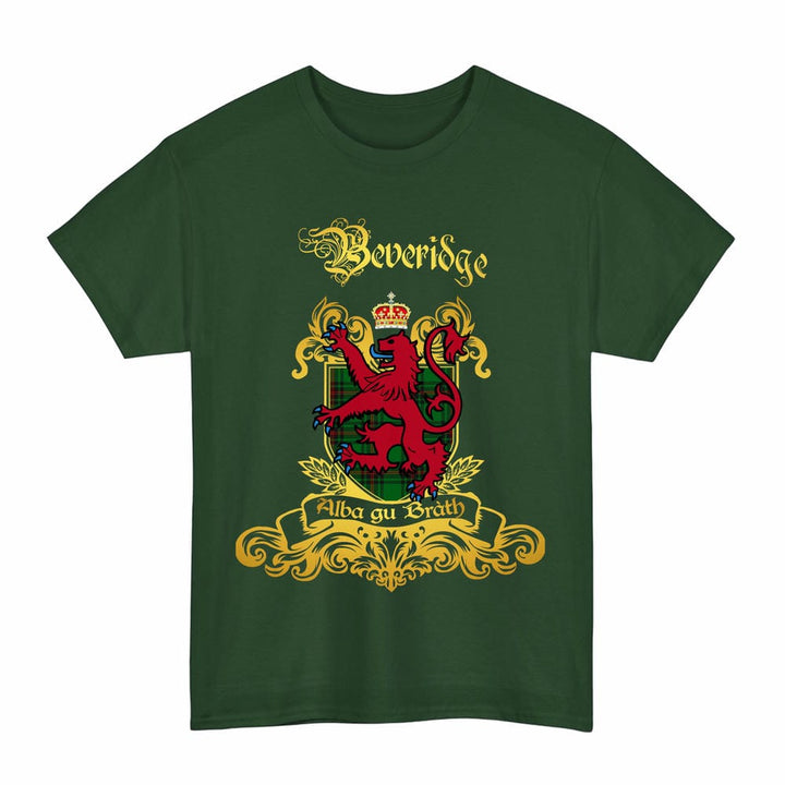 Scottish Beveridge Clan Tartan Lion Rampant of Scotland T-Shirt Tartan Plaid Forest Green Color