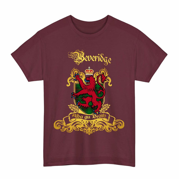 Scottish Beveridge Clan Tartan Lion Rampant of Scotland T-Shirt Tartan Plaid Maroon Color