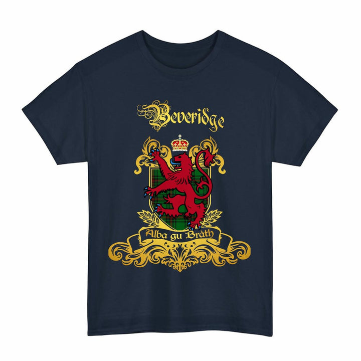 Scottish Beveridge Clan Tartan Lion Rampant of Scotland T-Shirt Tartan Plaid Navy Color