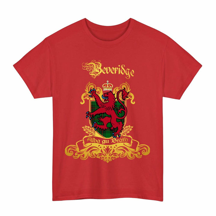 Scottish Beveridge Clan Tartan Lion Rampant of Scotland T-Shirt Tartan Plaid Red Color