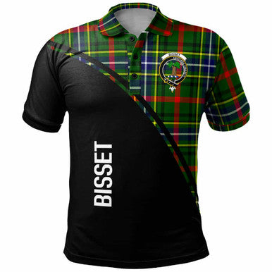 Scottish Bisset Clan Crest Tartan Curve Polo Shirt Front Side Tartan Plaid