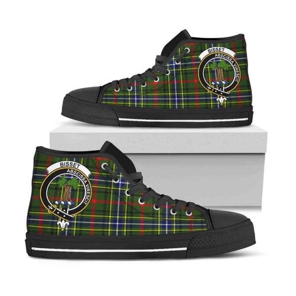 Scottish Bisset Clan Crest Tartan High Top Shoes Black Sole Tartan Plaid