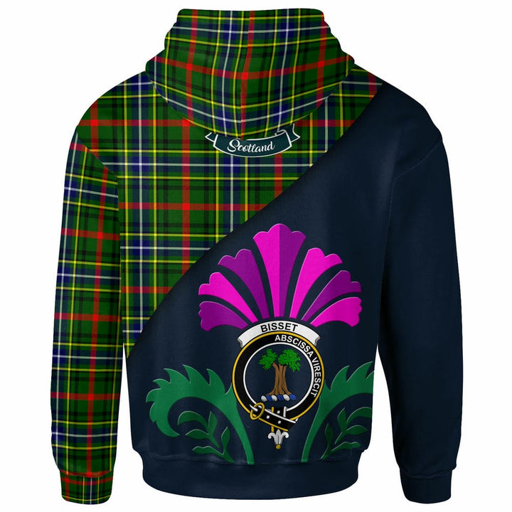 Scottish Bisset Clan Crest Tartan Hoodie - Scotland Thistle Style Back Side Tartan Plaid