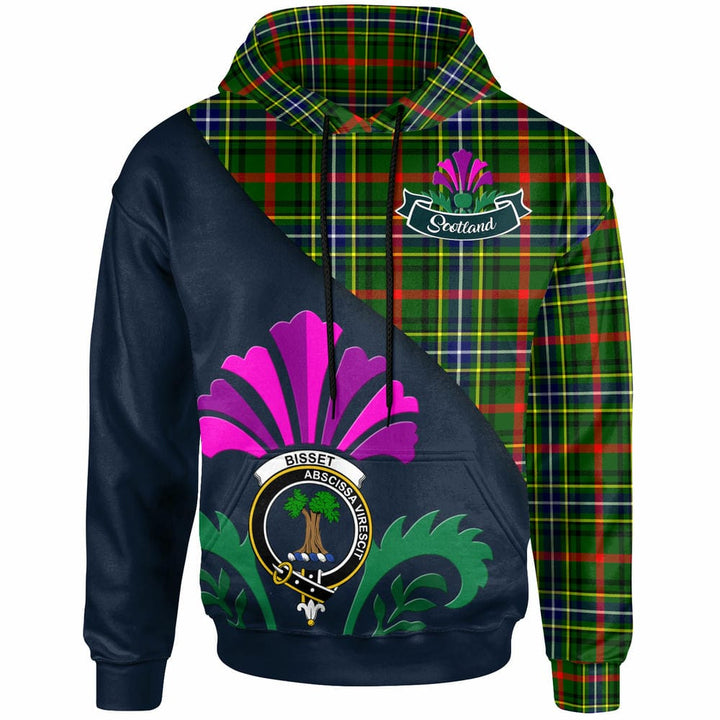 Scottish Bisset Clan Crest Tartan Hoodie - Scotland Thistle Style Front Side Tartan Plaid