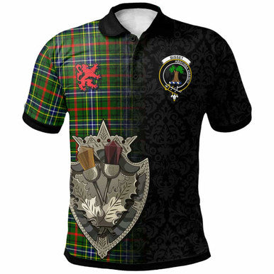 Scottish Bisset Clan Crest Tartan Polo Shirt - Half Thistle Flowers Celtic Design Front Side Tartan Plaid