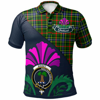 Scottish Bisset Clan Crest Tartan Polo Shirt - Scotland Thistle Style Front Side Tartan Plaid