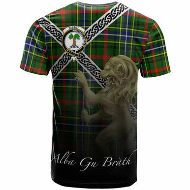 Scottish Bisset Clan Crest Tartan T-Shirt - Celtic With Scotland Lion Back Side Tartan Plaid