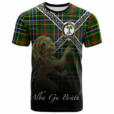 Scottish Bisset Clan Crest Tartan T-Shirt - Celtic With Scotland Lion Front Side Tartan Plaid