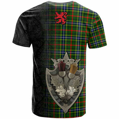 Scottish Bisset Clan Crest Tartan T-Shirt - Half Thistle Flowers Celtic Design Back Side Tartan Plaid