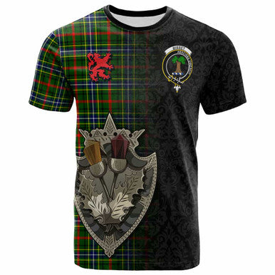 Scottish Bisset Clan Crest Tartan T-Shirt - Half Thistle Flowers Celtic Design Front Side Tartan Plaid