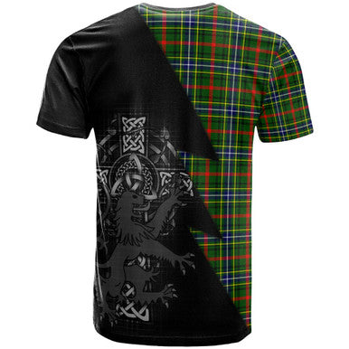 Scottish Bisset Clan Crest Tartan T-Shirt - Lion Rampant Celtic Cross Flash Style Back Side Tartan Plaid