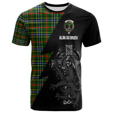 Scottish Bisset Clan Crest Tartan T-Shirt - Lion Rampant Celtic Cross Flash Style Front Side Tartan Plaid