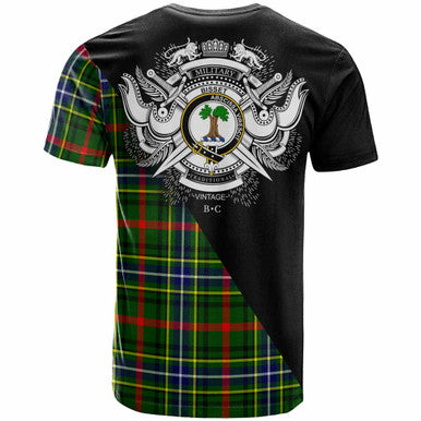 Scottish Bisset Clan Crest Tartan T-Shirt - Military Logo Back Side Tartan Plaid