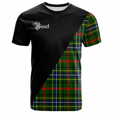 Scottish Bisset Clan Crest Tartan T-Shirt - Military Logo Front Side Tartan Plaid