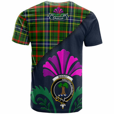 Scottish Bisset Clan Crest Tartan T-Shirt - Scotland Thistle Style Back Side Tartan Plaid