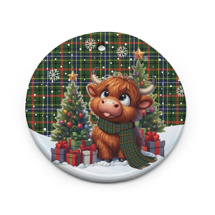 Scottish Bisset Clan Tartan Ceramic Ornament Cute Highland Cow Christmas Circle Style Tartan Plaid