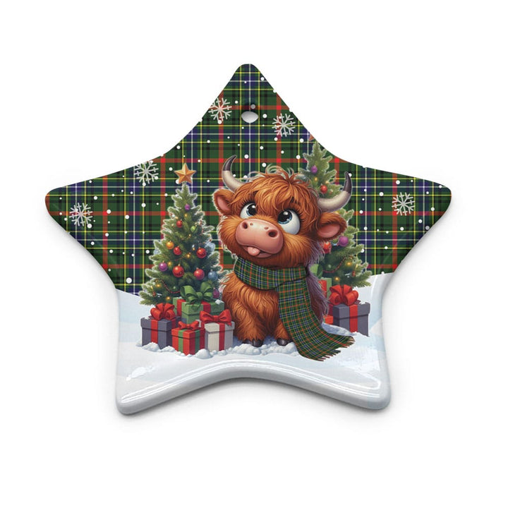 Scottish Bisset Clan Tartan Ceramic Ornament Cute Highland Cow Christmas Star Style Tartan Plaid