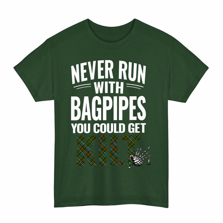 Scottish Bisset Clan Tartan Never Run With Bagpipes T-Shirt Tartan Plaid Forest Green Color