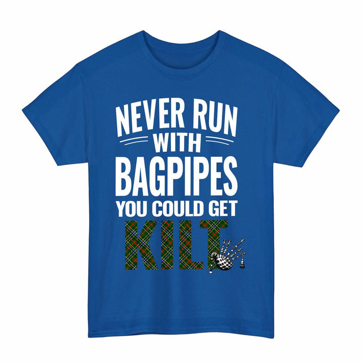 Scottish Bisset Clan Tartan Never Run With Bagpipes T-Shirt Tartan Plaid Royal Color