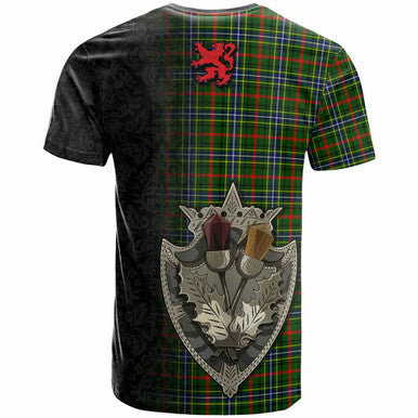 Scottish Bisset Clan Tartan T-Shirt - Half Thistle Flowers Celtic Design Back Side Tartan Plaid