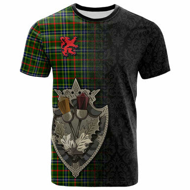 Scottish Bisset Clan Tartan T-Shirt - Half Thistle Flowers Celtic Design Front Side Tartan Plaid