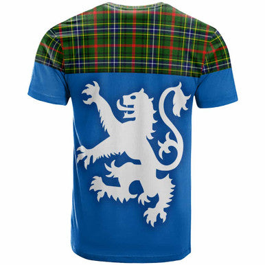 Scottish Bisset Clan Tartan T-Shirt - Lion Rampant of Scotland With Flag Back Side Tartan Plaid