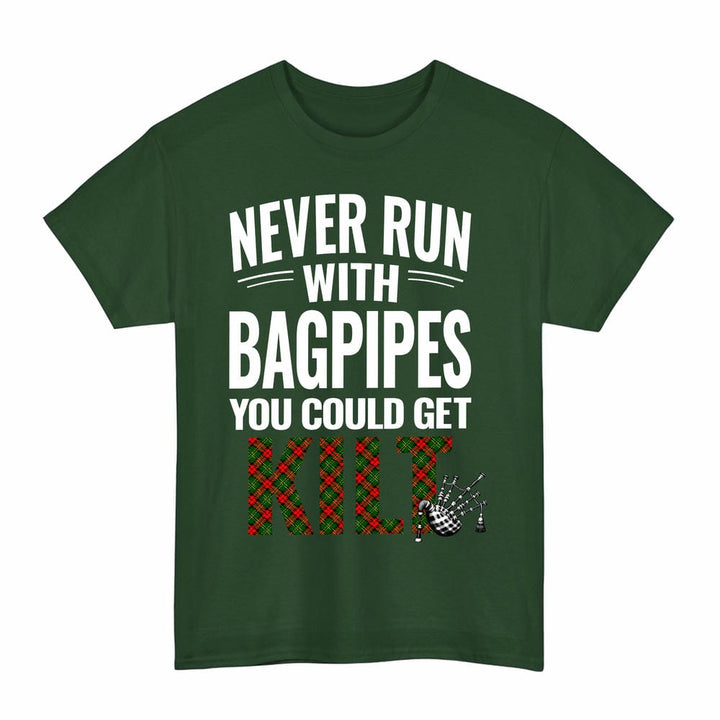 Scottish Blackstock Clan Tartan Never Run With Bagpipes T-Shirt Tartan Plaid Forest Green Color