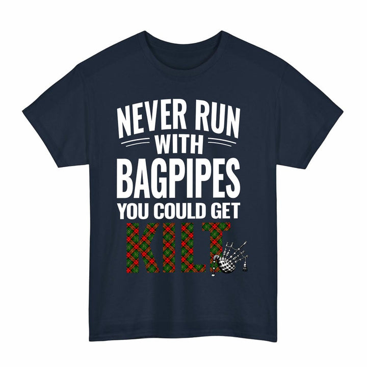 Scottish Blackstock Clan Tartan Never Run With Bagpipes T-Shirt Tartan Plaid Navy Color