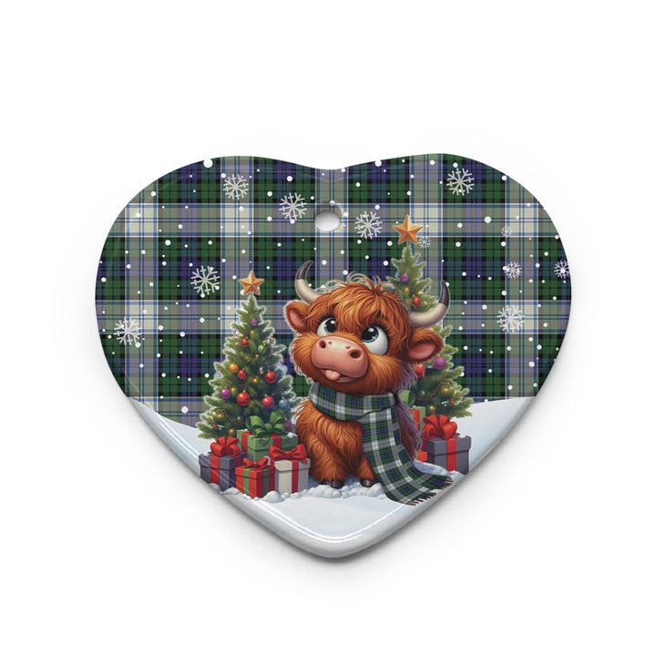 Scottish Blackwatch Dress Modern Clan Tartan Ceramic Ornament Cute Highland Cow Christmas Heart Style Tartan Plaid