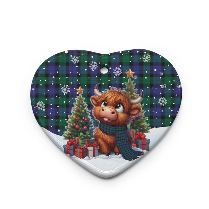 Scottish Blackwatch Modern Clan Tartan Ceramic Ornament Cute Highland Cow Christmas Heart Style Tartan Plaid
