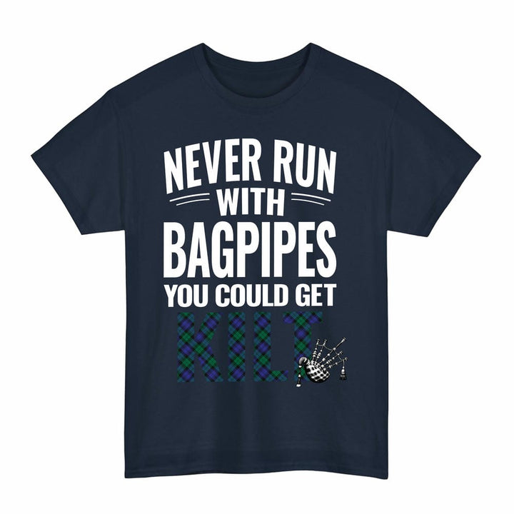 Scottish Blackwatch Modern Clan Tartan Never Run With Bagpipes T-Shirt Tartan Plaid Navy Color