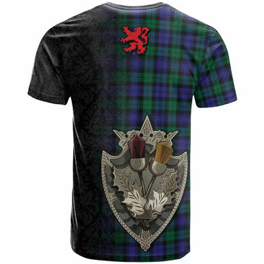 Scottish Blackwatch Modern Clan Tartan T-Shirt - Half Thistle Flowers Celtic Design Back Side Tartan Plaid