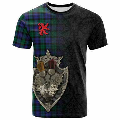 Scottish Blackwatch Modern Clan Tartan T-Shirt - Half Thistle Flowers Celtic Design Front Side Tartan Plaid