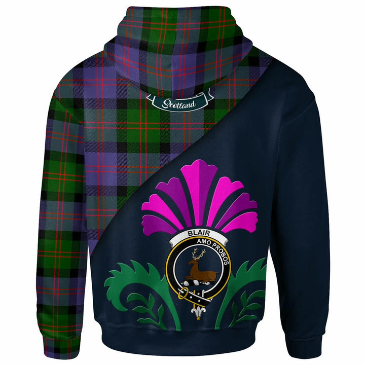 Scottish Blair Clan Crest Tartan Hoodie - Scotland Thistle Style Back Side Tartan Plaid