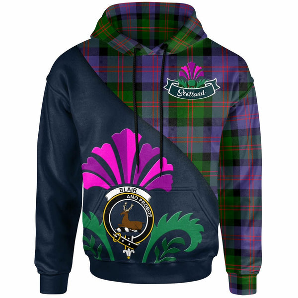 Scottish Blair Clan Crest Tartan Hoodie - Scotland Thistle Style Front Side Tartan Plaid
