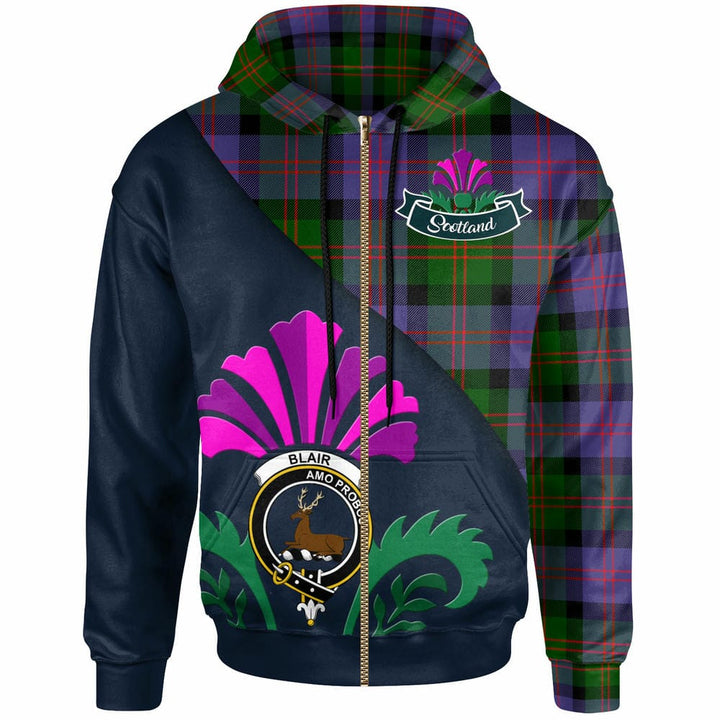 Scottish Blair Clan Crest Tartan Hoodie - Scotland Thistle Style Zip-up Tartan Plaid