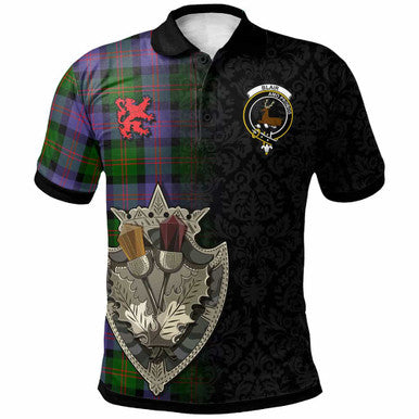 Scottish Blair Clan Crest Tartan Polo Shirt - Half Thistle Flowers Celtic Design Front Side Tartan Plaid