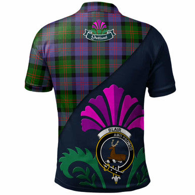 Scottish Blair Clan Crest Tartan Polo Shirt - Scotland Thistle Style Back Side Tartan Plaid