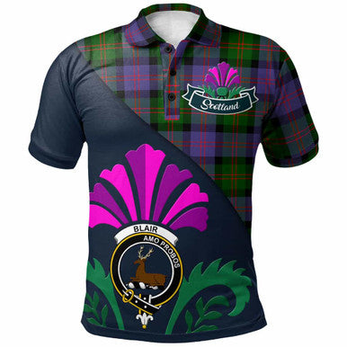 Scottish Blair Clan Crest Tartan Polo Shirt - Scotland Thistle Style Front Side Tartan Plaid