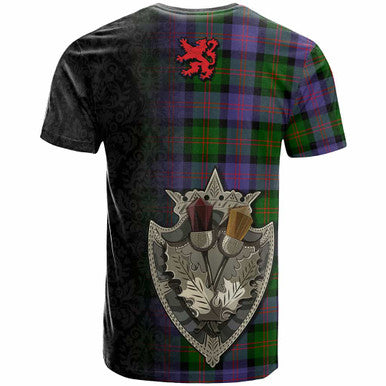 Scottish Blair Clan Crest Tartan T-Shirt - Half Thistle Flowers Celtic Design Back Side Tartan Plaid