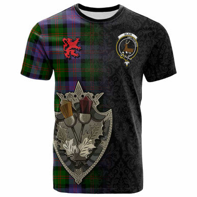 Scottish Blair Clan Crest Tartan T-Shirt - Half Thistle Flowers Celtic Design Front Side Tartan Plaid