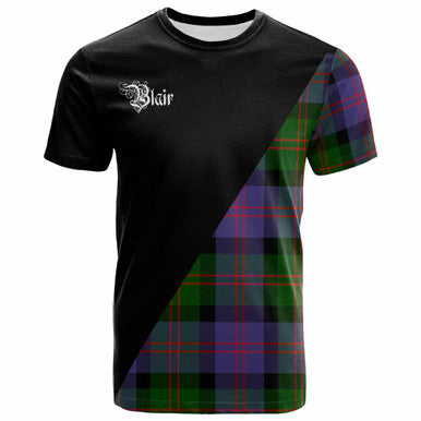 Scottish Blair Clan Crest Tartan T-Shirt - Military Logo Front Side Tartan Plaid