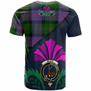 Scottish Blair Clan Crest Tartan T-Shirt - Scotland Thistle Style Back Side Tartan Plaid