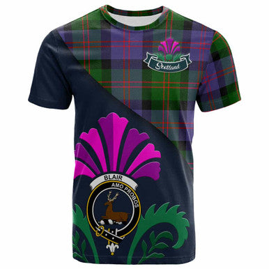 Scottish Blair Clan Crest Tartan T-Shirt - Scotland Thistle Style Front Side Tartan Plaid