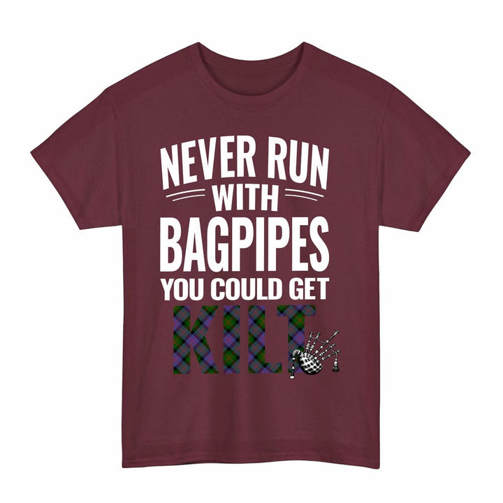 Scottish Blair Modern Clan Tartan Never Run With Bagpipes T-Shirt Tartan Plaid Maroon Color