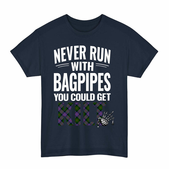 Scottish Blair Modern Clan Tartan Never Run With Bagpipes T-Shirt Tartan Plaid Navy Color